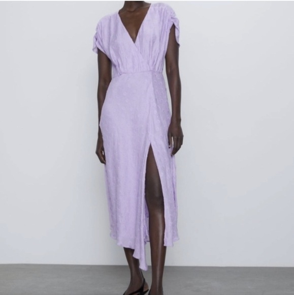 Zara Blogger Fave Lilac Textured Weave Polka Dot Draped Midi Dress NWOT - Picture 3 of 16